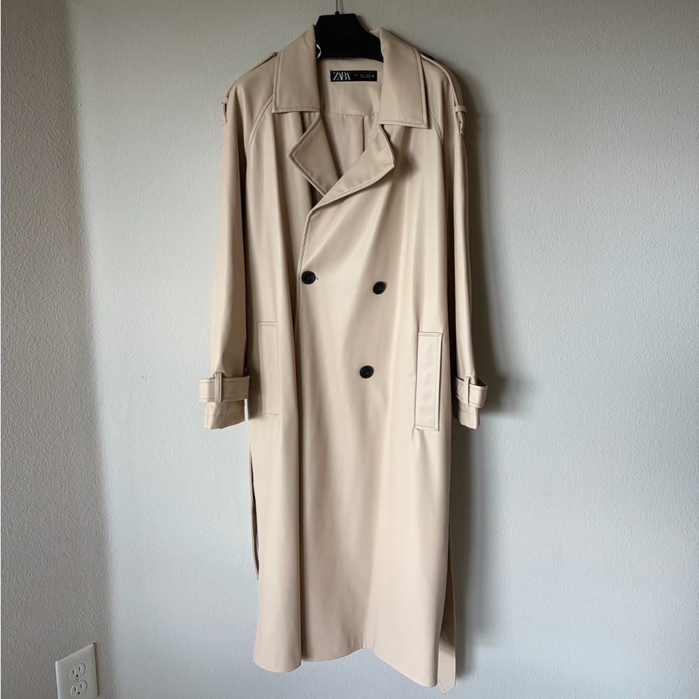ZARA Cream Faux Leather Trench Coat – Size L - Great Condition